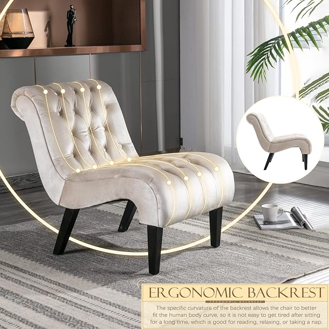 KINFFICT Velvet Accent Lounge Chair for Living Room Modern Leisure Chair with Tufted Backrest Indoor Armless Side Chair Upholstered Bedroom Sleeper Chairs with Solid Wood Legs