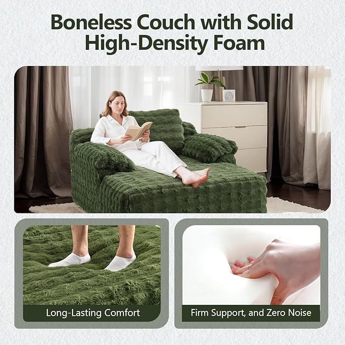 VINGLI 67.7 Oversized Chaise Lounge Chair Indoor Reading Chairs Comfy Bubble Fleece Upholstered Boneless Sofa Bed Sleeper Sofa Cloud Couches for Living Room Bedroom Play Room (Green)