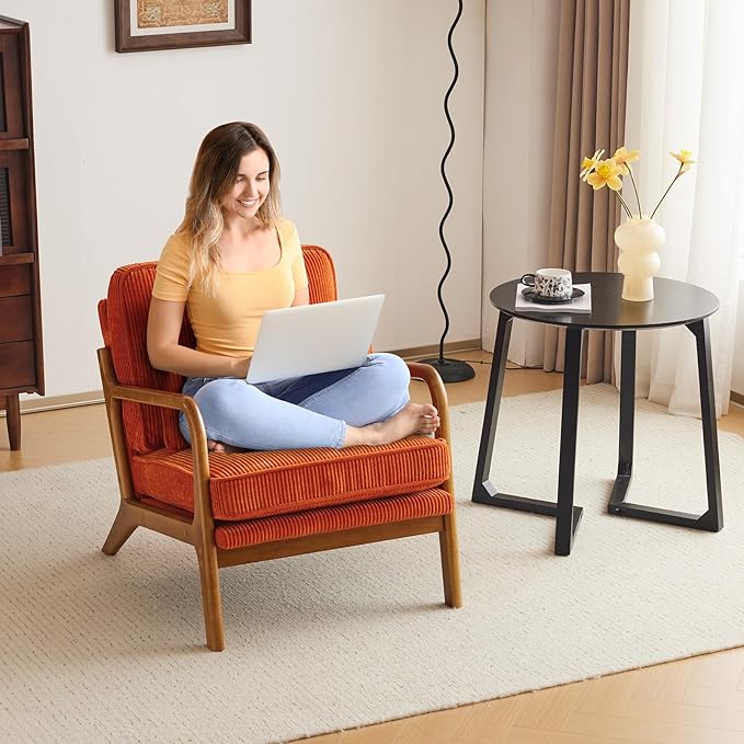 Karl home Mid-Century Modern Accent Chair Living Room Chairs with Pillow Corduroy Upholstered Lounge Armchair with Solid Wood Frame &amp Soft Cushion for Bedroom Reading Room Orange