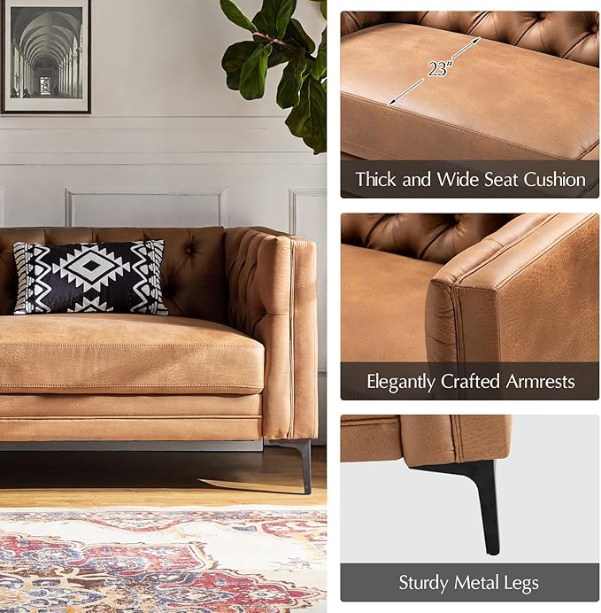 HULALA HOME 84 W Faux Leather Sofa Couch with Metal Legs Button-Tufted 3-Seater Sofa Mid Century Modern Upholstered Couch for Living Room Entertainment Area ApartmentCamel