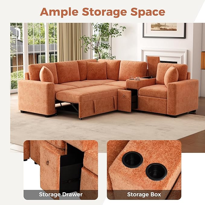 120.5 Chenille Fabric Modular Sectional Sofa Reversible Sleeper with Pull-Out Bed L-Shaped Convertible Sofa Bed with Cup Holders and Ample Storage Space for Living Room (Orange-11.21)