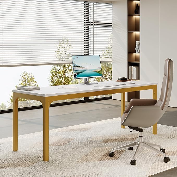 LITTLE TREE 78.7-Inch Ultra Long Two-Person Desk Writing Gaming Work Computer Double Desk for Home Office White + Gold
