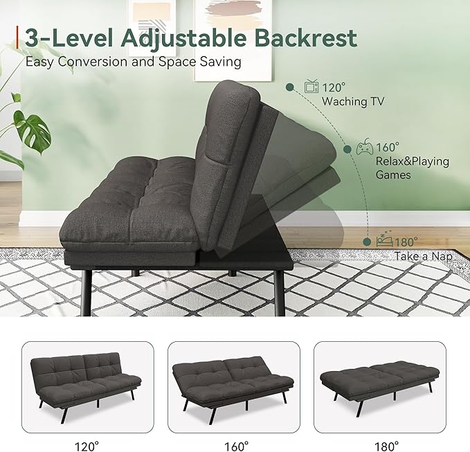 Opoiar Convertible Futon Sofa Bed71 Memory Foam Futon CouchDetachable CushionAdjustable Backrest &amp ArmrestLinen Modern Loveseat Sleeper Recliner for Living RoomOfficeApartmentClassic Grey