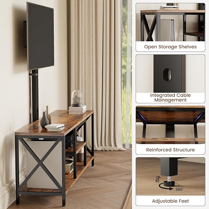 TV Stand with Mount and LED Lights Universal TV Stand Mount for 32-75 inch TV Entertainment Center with Storage Metal TV Console Table Height Adjustable TV Stands for Living Room Rustic Brown