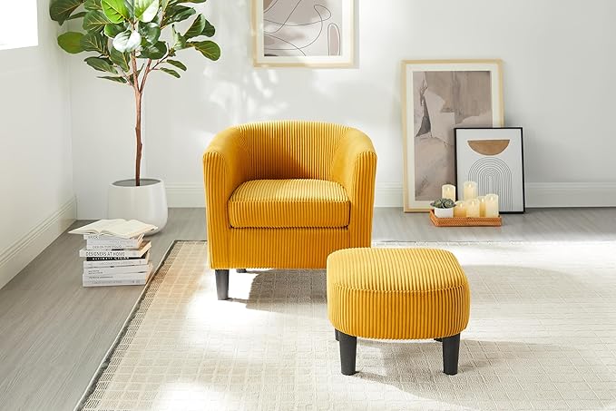 Modern Accent ChairUpholstered Arm Chair Corduroy Single Sofa Chair with Ottoman Foot Rest Comfy Armchair for Living Room Bedroom and OfficeYellow SZ170