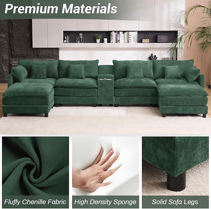 145 Oversized Modular Sectional Sofa U Shaped Cloud Couch 6 Seat Sofa Set for Living Room Comfy Fluffy Chenille Deep Seat with Storage Central Console Movable Ottomans Cup Holders USB Ports Green
