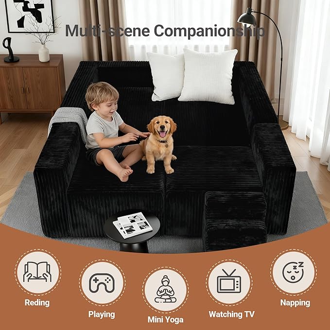 128 U-Shaped Boneless Couch Modern Sectional Modular Couch with Double Chaise Deep Seat Boneless Couches for Living Room Bedroom No Assembly Required Blck