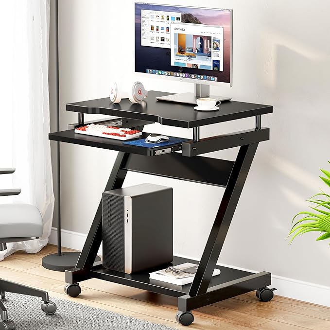 sogesfurniture Mobile Computer Desk Small Rolling Work Workstation for Home and Office with Printer Shelf Keyboard Drawers23.6 x 18.9 x 28.7 InchesBHUS-DX-8110-BB(Black)