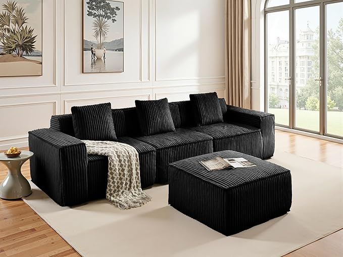 L-Shaped Corner Corduroy Sectional Sofa 4 Seat Modular Boneless Sofa Foam Cloud Couch with Movable Ottoman and Toss PillowsModern Deep Seat Convertible Chaise Sofa