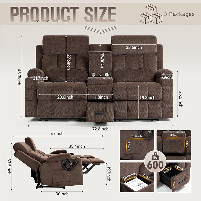 Oversized 72 Loveseat Recliner Sofa with Console Manual Double Reclining Sofa with USB Ports Cup Holders &amp 2 Phone Holders for Living Room Home Theater Game Room (Brown Velvet)