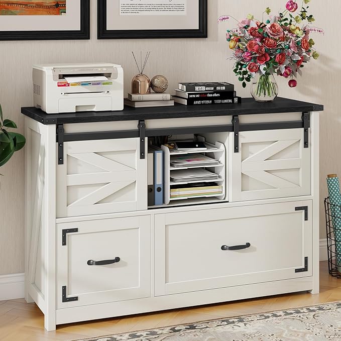 Vabches Farmhouse Filing Cabinet with 2 Drawer for Home OfficeFiling Organization Storage Cabinets for Hanging Files Letter/Legal/F4/A4Lateral File Cabinets 2 Drawer with Sliding Barn Doors.Black
