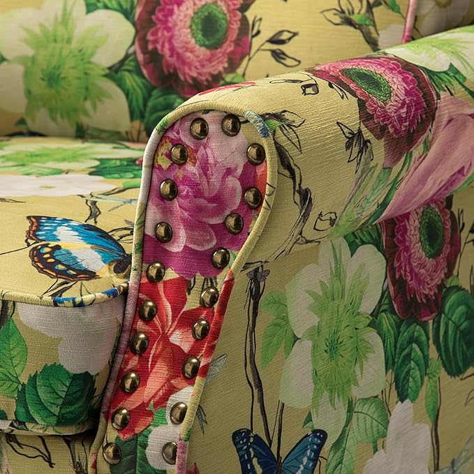 Wingback Accent Chair with Wood Legs Modern Comfy Upholstered Armchair with Removable Cushion and Nailhead Trim Floral Pattern Single Sofa Reading Chair for Living Room Bedroom