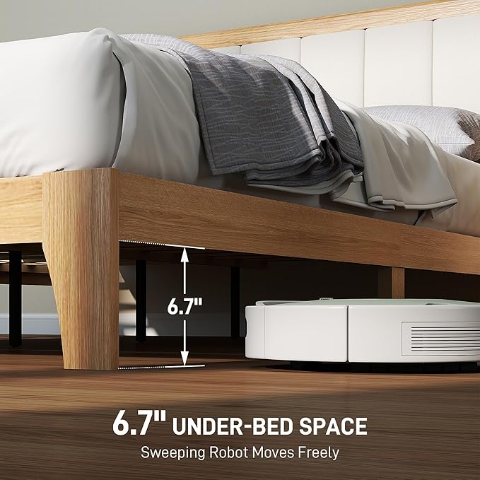 HOMCOM Queen Size Bed Frame with Upholstered Headboard Platform Bed Frame with Wooden Slats No Box Spring Needed Easy Assembly Natural