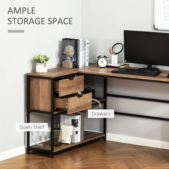 Home Office Desk L-Shaped Home Offie Computer Desk with Storage Shelves 2 Dawers and Industrial Steel Frame Black/Brown