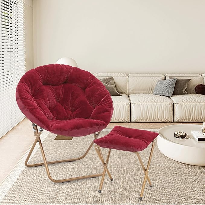 Athena Collection Round Saucer Chair with Ottoman Set of 2 for Adults Oversize Comfy Cozy Faux Fur Folding Reading Chair with Metal Leg Lazy Relaxing for Living Room Bedroom Dorm Apartment Red