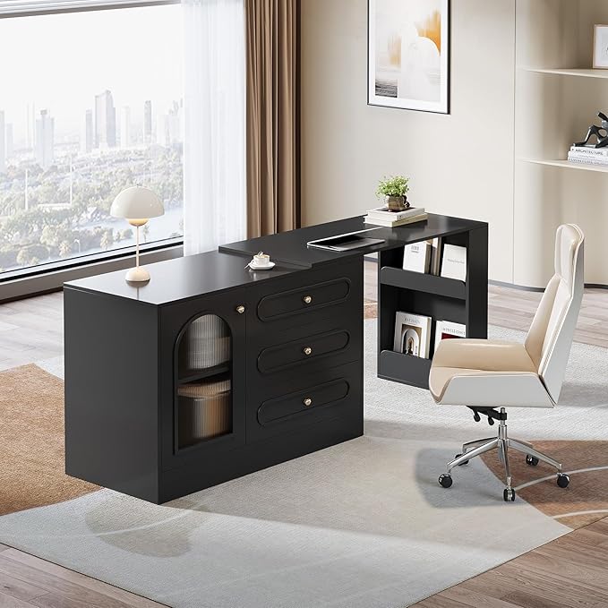 Tribesigns 78 L Shaped Computer Desk with 3 Drawers Reversible Corner Desk with Cabinet for Small Space L Shape Desk with Storage for Writing Study Work Executive (Black)