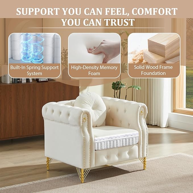 Chesterfield Velvet Button Tufted Sofa 37 inch Modern Deep Seater Couch Retro Style Upholstered Comfy Single Chair for Living Room Bedroom Apartment Office Beige