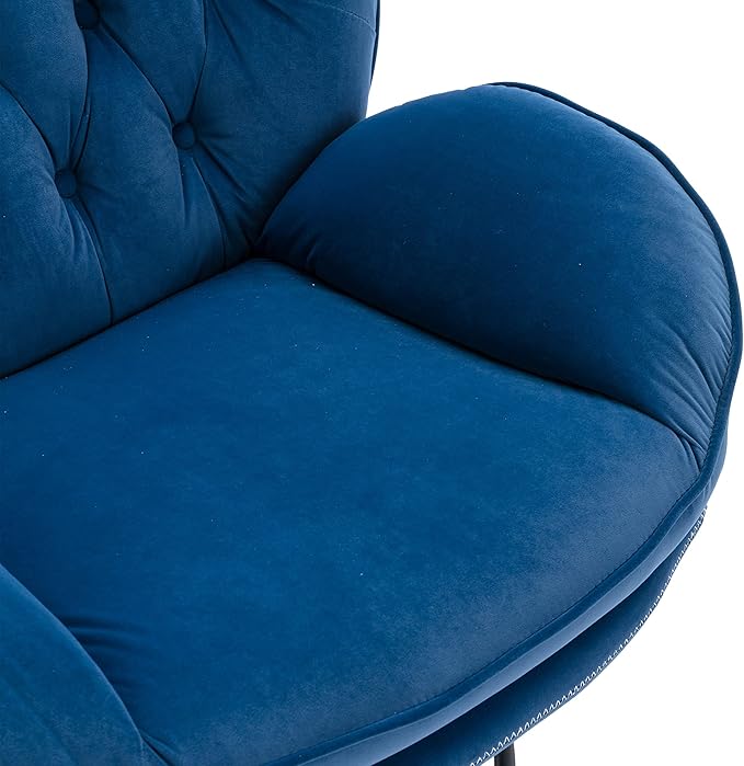 Velvet Accent Chair with Ottoman Comfy Armchair with Footrest Modern TV Chair Living Room Chair for Living Room Bedroom Home Office Metal Base Frame (360 Degree Swiveling Blue)