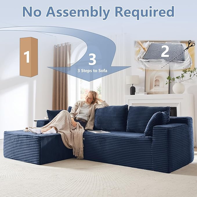 103 L-Shape Cloud Couch with Chaise Upholstered Corduroy Modular Sectional Sofa Deep Seat Couch with Free Combination for Living Room &amp ApartmentNo Assembly Required(BlueLeft Facing Chaise)