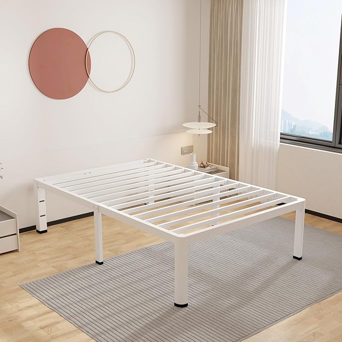 ROIL 14 Inch White Twin Size Bed Frame with Rounded Corner and Headboard Hole Mattress Retainers 3500LBS Heavy Duty Steel Slats No Box Spring Needed Platform Noise-Free Easy Assembly
