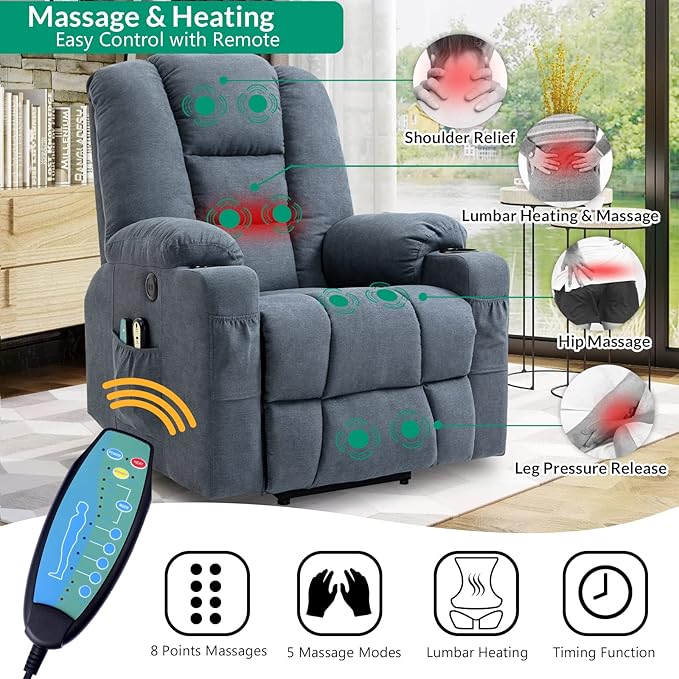 VIVIJASON Power Lift Chair Electric Recliner for Elderly Heated Vibration Massage Soft Fabric Recliner Chair with 2 Remote Controls USB Ports Side Pockets &amp Cup Holders for Living Room (Blue)