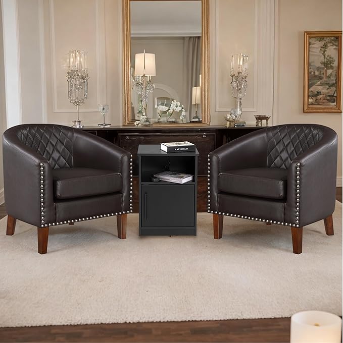 Prilinex Comfy Barrel Accent Chair Set of 4 - Faux Leather Living Room Chair Club Chair with Cushion Diamond Grid Backrest &amp Nailhead Trim Guest Chair for Office Bedroom &amp Waiting Room Bro