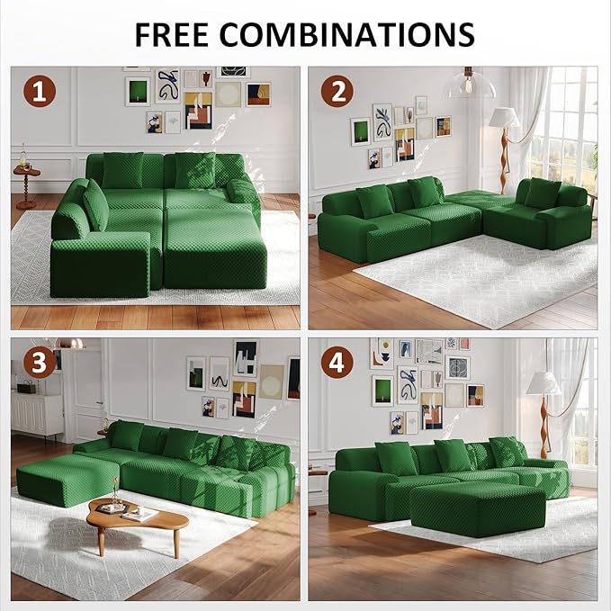 113 Modular Sectional Sofa Upholstered 3-Seater Sofa with Movable Ottoman Oversized 4-Seater Couch with 3 Throw Pillows High-Density Foam No Assembly Free Combinations