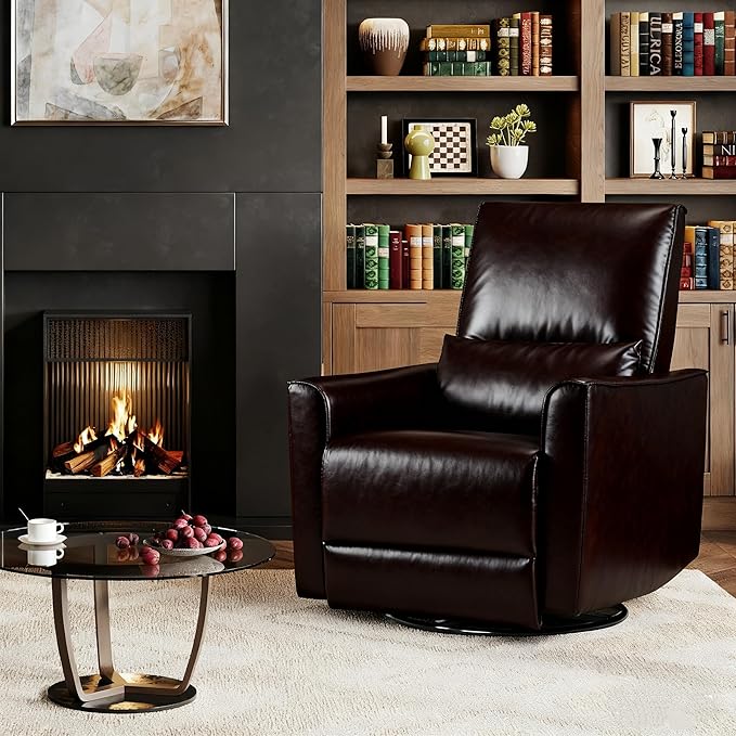 GAOMON Swivel Rocking Recliner Chair Manual Leather Recliner Glider with Lumbar Support &amp Padded Armrest Comfortable Rocker Nursery Single Sofa for Living Room and Bedroom (Dark Brown)