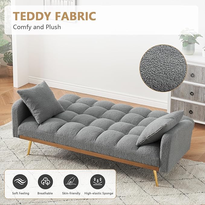 Teddy Futon Sofa Bed69 Modern Small Love Seat Couch for Small SpacesConvertible Tufted Sleeper Sofa Loveseat Couch Bed with Gold Metal Legs for Living RoomBedroomApartment (Teddy Grey)