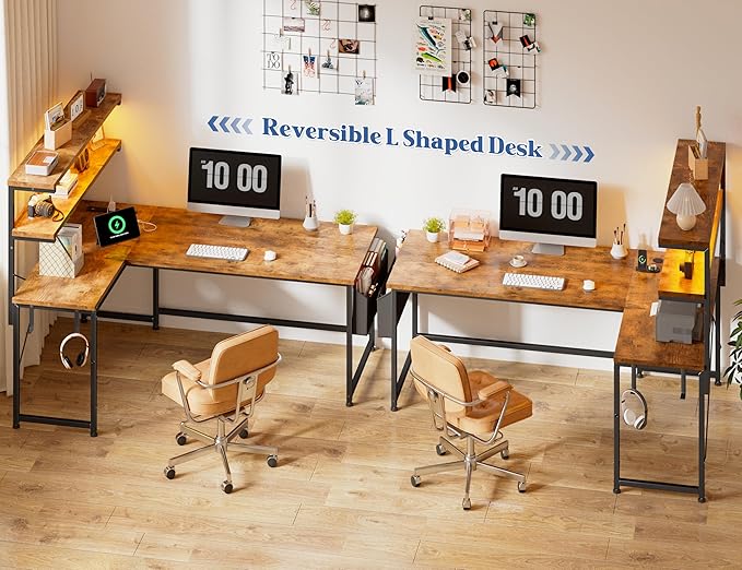L Shaped Gaming Desk with LED Light &amp Power Outlet 53 Inch Reversible L Shaped Office Desk with Shelf &amp Storage Bag &amp Hook for Home Office Rustic Brown