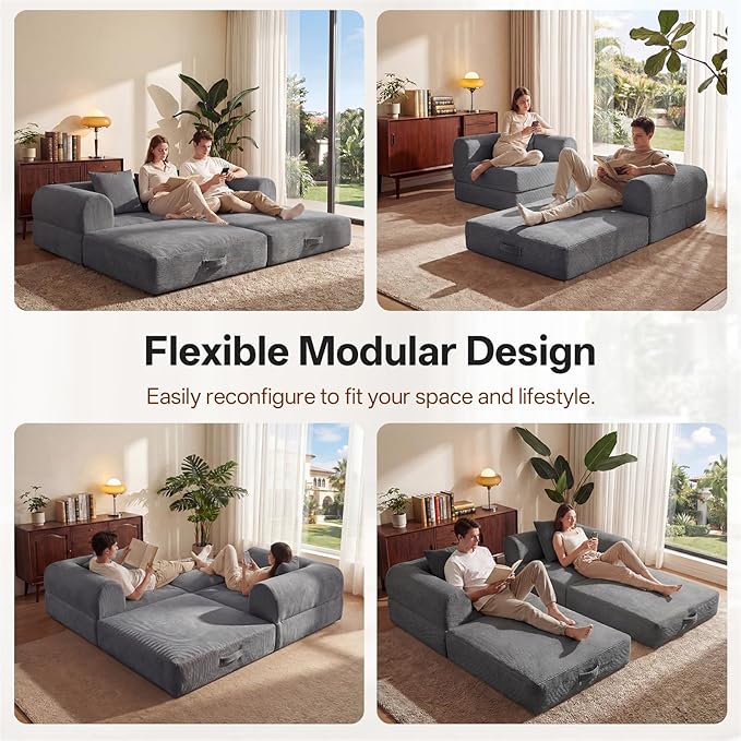 74.8’’ Boneless Modular Convertible Sofa Bed Fold-Out Floor Couch Loveseat All-Foam Futon Mattress Couch Corduroy Sleeper Sofa for Living Room &amp Small Spaces No Assembly Required Gray