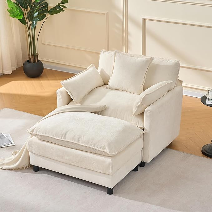 Oversized Accent Chair with Ottoman Chenille Cloud Single Sofa Upholstered Double-Layer Seat Lounge Armchair with Pillows for Living Room Reading Apartment Beige