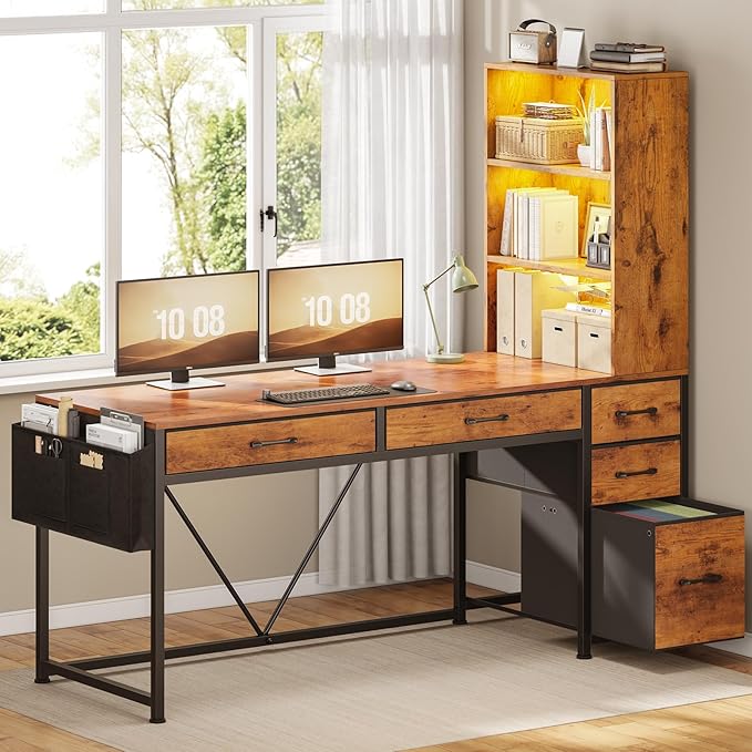 SEDETA Computer Desk with 5 Drawers and Bookshelf Reversible Home Office Desk with Storage Shelves and File Drawer Gaming Corner Desk with LED Lights for Small Spaces Rustic Brown