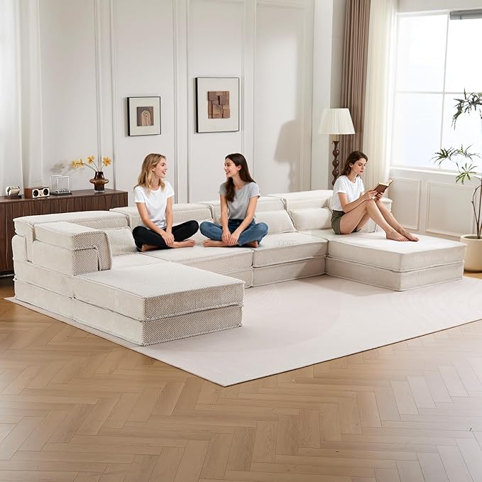 KEIKI 2Seat Modular Velvet Sofa Couch with Chaise Memory Foam for Modern Home Small Space Style Conscious Minimalists Warm Inviting Comfy Supportive Rest Space Elegant Premium Design White
