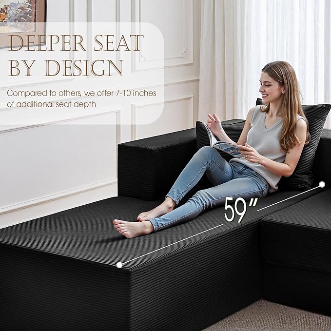 YINIX 106 Modular Sectional Sofa Modern Cloud Couch with L-Shape Chaise Upholstered Boneless Couches with Deep Seat Comfy Corduroy Sofa for Living Room Bedroom No Assembly (Black)