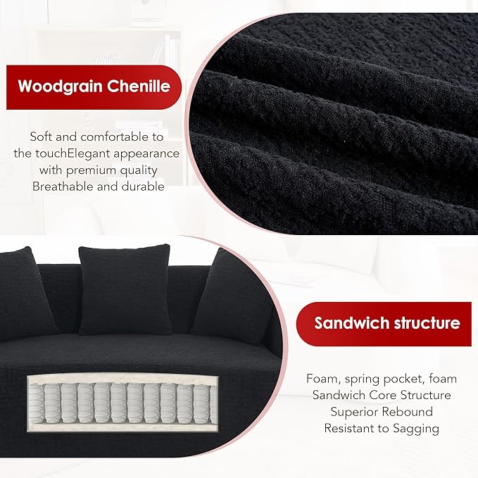 Oversized Sectional Sofa for Living Room 110 Modern Luxury Chenille 5-Seater Extra Deep &amp Wide Seat Curved Cloud Couch with 5 Throw Pillows No Assembly Needed Cream Black