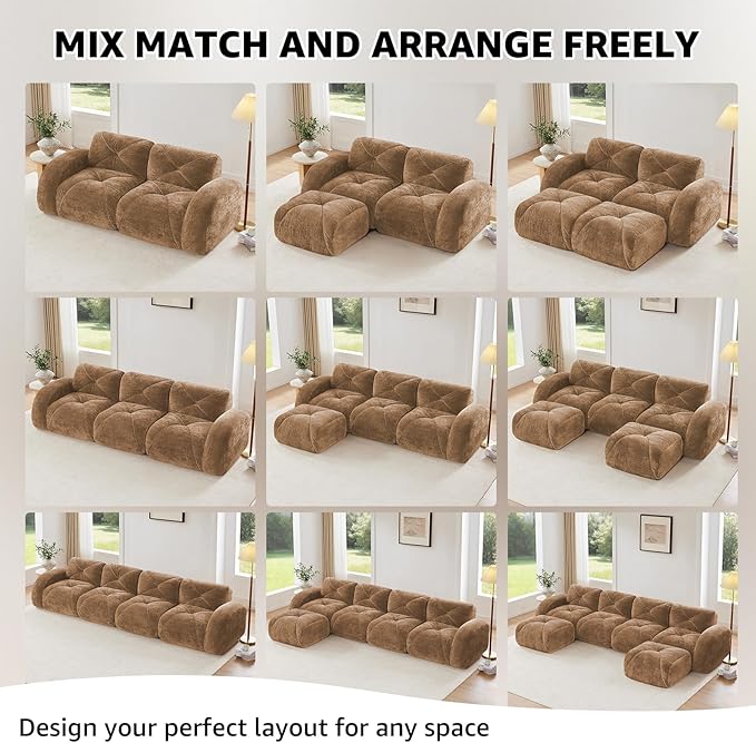 Camel 4-Seater Sectional Couches for Living Room Velvet Fabric Boneless Couch in a Box No Assembly Cloud Modular Sectional Sofa Foam Couch Compressed Sofa Set for Apartment Sofas para Sala