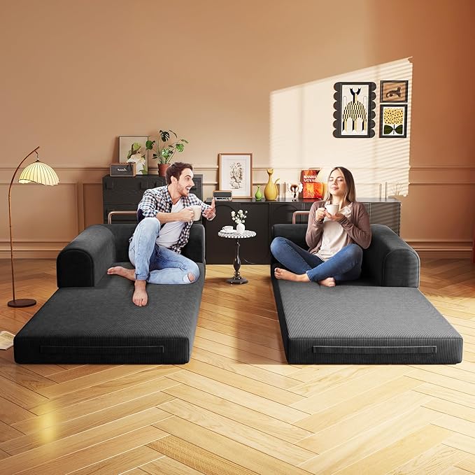Folding Boneless Couch Convertible Sleeper Sofa Bed Futon Lounge Chair Boneless Corduroy Loveseat with Pull Out Bed Floor Sofa Modular Couch for Living Room Basement Movie Theater RoomBlack