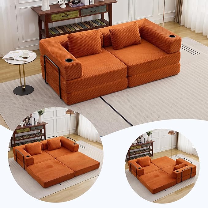 78 Loveseat Sleeper Sofa 4 in 1 Convertible Floor Sofa Bed Boneless Cloud Couch with Cup Holder Fold Out Floor Couch for Living Room Bedroom Lounge Corduroy Orange