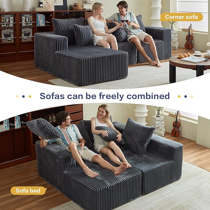 Boneless Couch 101 Cloud Sectional Sofa with L Shaped Chaise Deep Seat Sofa in a Box with 3 Modular Sections Modern Corduroy Comfy Couch for Living Room Grey
