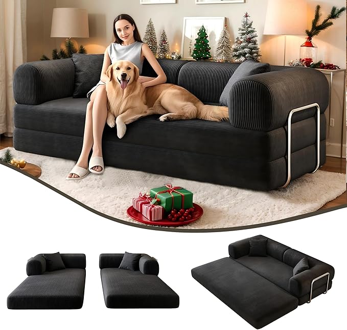 4-in-1 Corduroy Convertible Sleeper Sofa Bed 78.8 Boneless Couch with Pull-Out Bed No Assembly Required Futon Loveseat Floor Mattress with Stainless Fixed-Shape Frame for Living Room (Black) | Clo