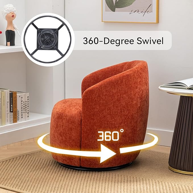 360 Degree Swivel Accent Chair Modern Barrel Vanity Chair with Back Comfy Single Circle Couch for Living Room Bedroom Reading Nook (Chenille Orange)
