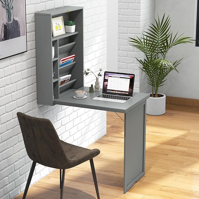 GOFLAME Wall Mounted Folding Desk with 3-Tier Tilt Storage Partition and Adjustable Shelves Space-Saving Convertible Writing Desk for Home Office Gray