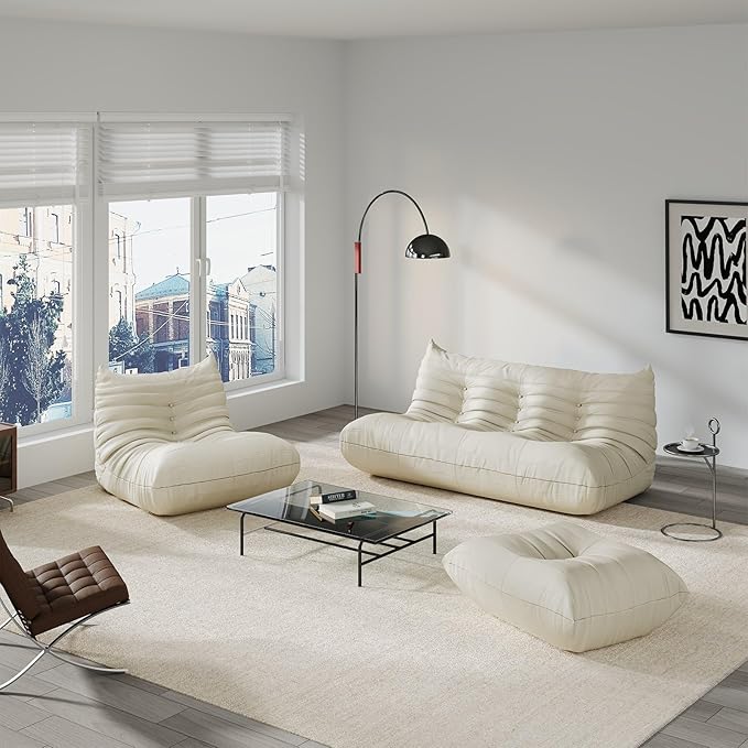 Comfy Lazy Floor Sofa CouchSoft Armless ChairFaux Leather Lounge ChairCorner Relax Sofa Couch for Living Room BedroomSalon OfficeAdults(Cream White)
