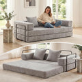 WELAX 77 Convertible Sleeper Sofa Bed Boneless Cloud Queen Futon Couches with 2 Pillows &amp Removable Armrests Chenille Folding Floor Couch No Assembly for Bedroom Living Room Light Grey