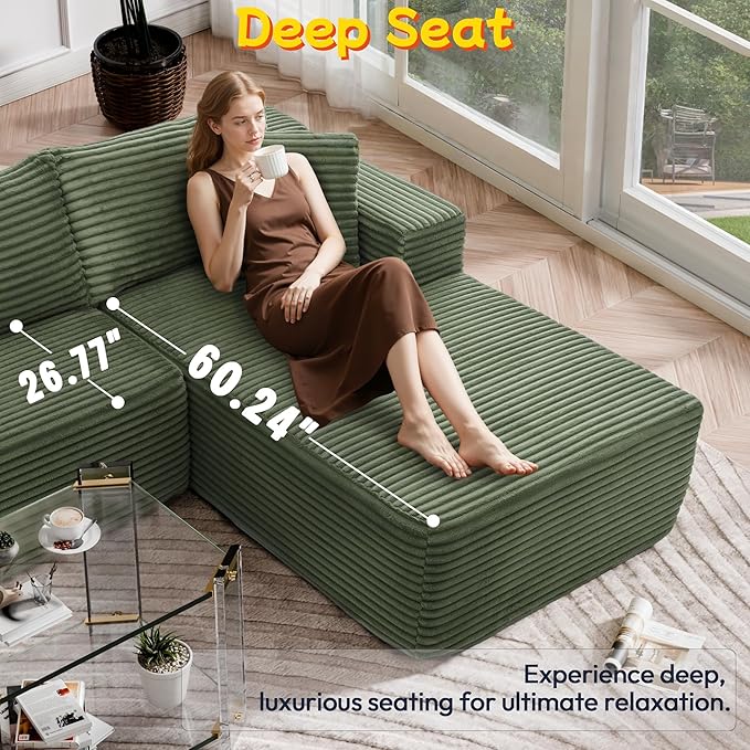 Cloud Sectional Couch 105” Fluffy Modular L-Shape Sofa with Left Chaise Lounge Modular Sectional Sofa in a Box Boneless Couch for Living Room No Assembly Required Flannel Green