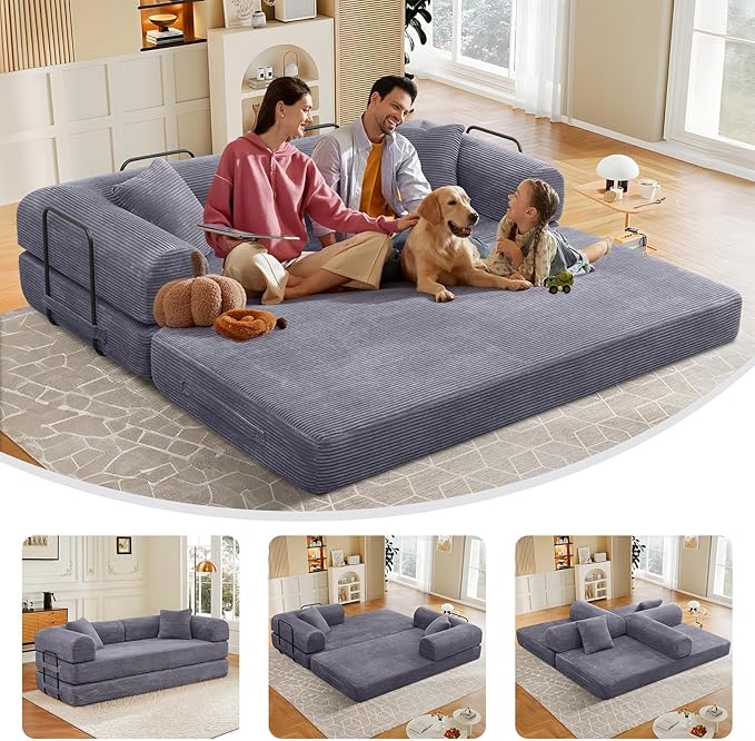78 Convertible Sleeper Sofa Bed with Cylindrical Pillow Corduroy Folding Mattress Couch with Fixed Frame Floor Sofa Lounge Couch for Living Room Bedroom Apartment Dark Grey