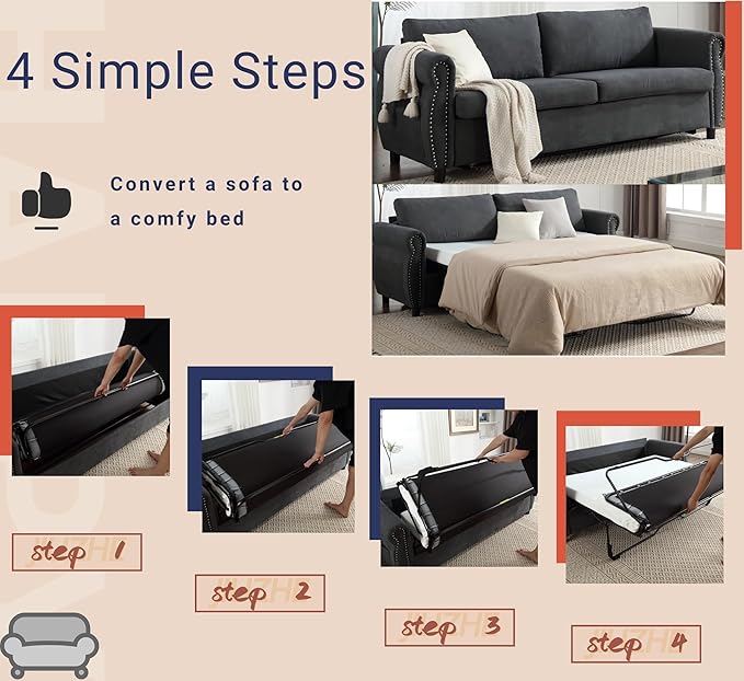 TTK 80.7 Queen Sized Pull Out Sofa Bed 2-in-1 Convertible Sleeper Couch with Memory Foam Mattress &amp Solid Wood Frame for Living Room Apartment &amp Small Spaces Gray