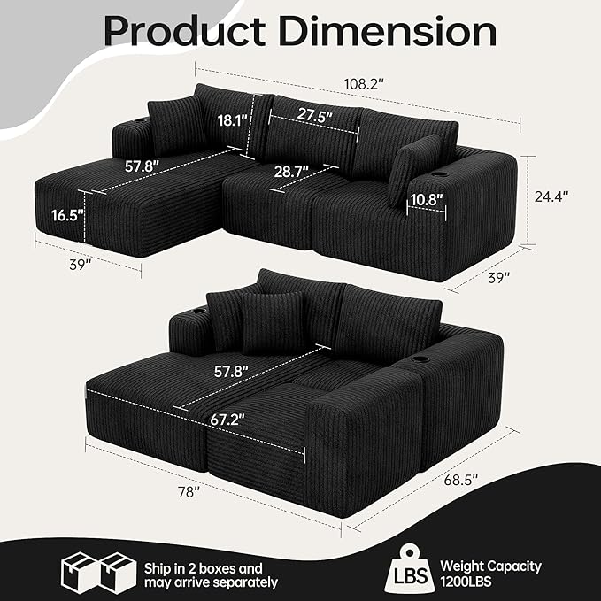 DURASPACE 108 Sectional Couch L Shaped Sofa Boneless Foam Cloud Couches with Chaise Fluffy Plush Corduroy Modular Couches for Living Room (Black Left Facing Chaise)