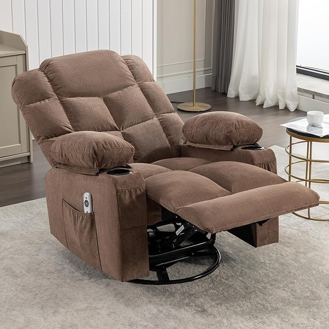 Massage Rocker Recliner Chair with Heat and Vibration Ergonomic Rocking Lounge Chair for Living Room Comfy with 2 Side Pockets 2 Cup Holders USB Charge Port (Brown)